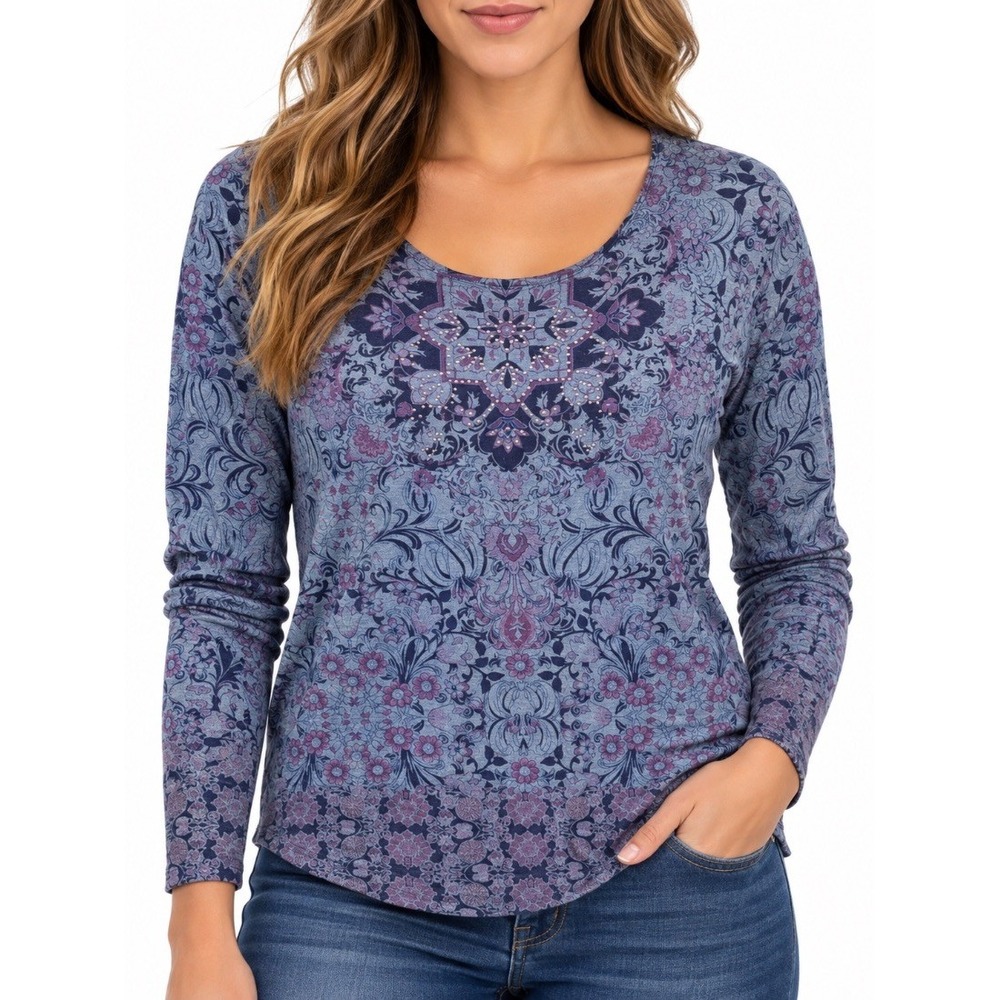 Energie World Wear Womens Floral Paisley Print Top Blouse Studded L Blue